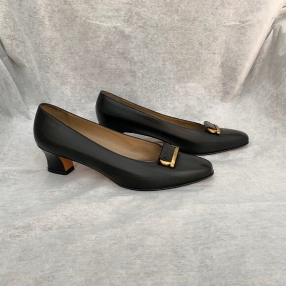 Salvatore Ferragamo Women’s Leather Heel Black Slip On Logo Buckle Shoes - Picture 10 of 15